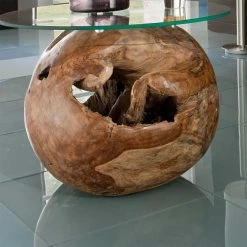 85cm Runder Designer-Tisch Mit Glas - Messona -Raik Shop 85cm runder designer tisch mit glas platte teak wurzelholz fuss messona 02