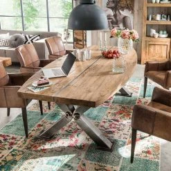 Raik Shop -Raik Shop industry design esstisch aus teak recyclingholz mit stahl x fuessen monument 01