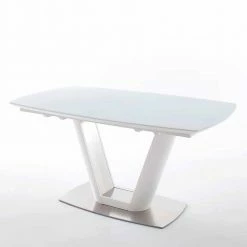 Säulen Esstisch Woodny In Glas Weiß Bootsform -Raik Shop saeulen esstisch glas weiss bootsform edelstahl gestell als ausziehtisch woodny 03
